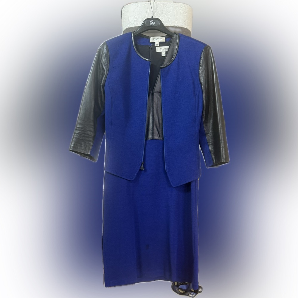 St. John, wool & leather sheath dress and matching jacket‎ blue/black size 8
